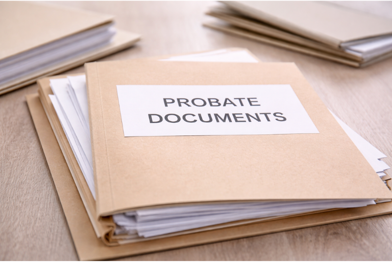 probate documents folder with organized estate paperwork stack
