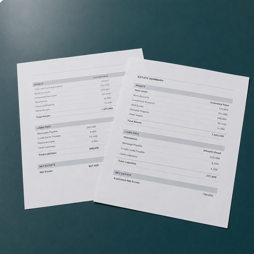 Estate financial summary showing assets, liabilities, and estimated net estate