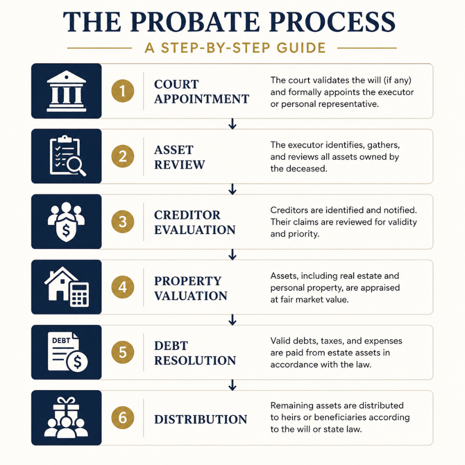 Infographic titled The Probate Process: a six-step, step-by-step guide from Court Appointment to Distribution, with icons for each stage.